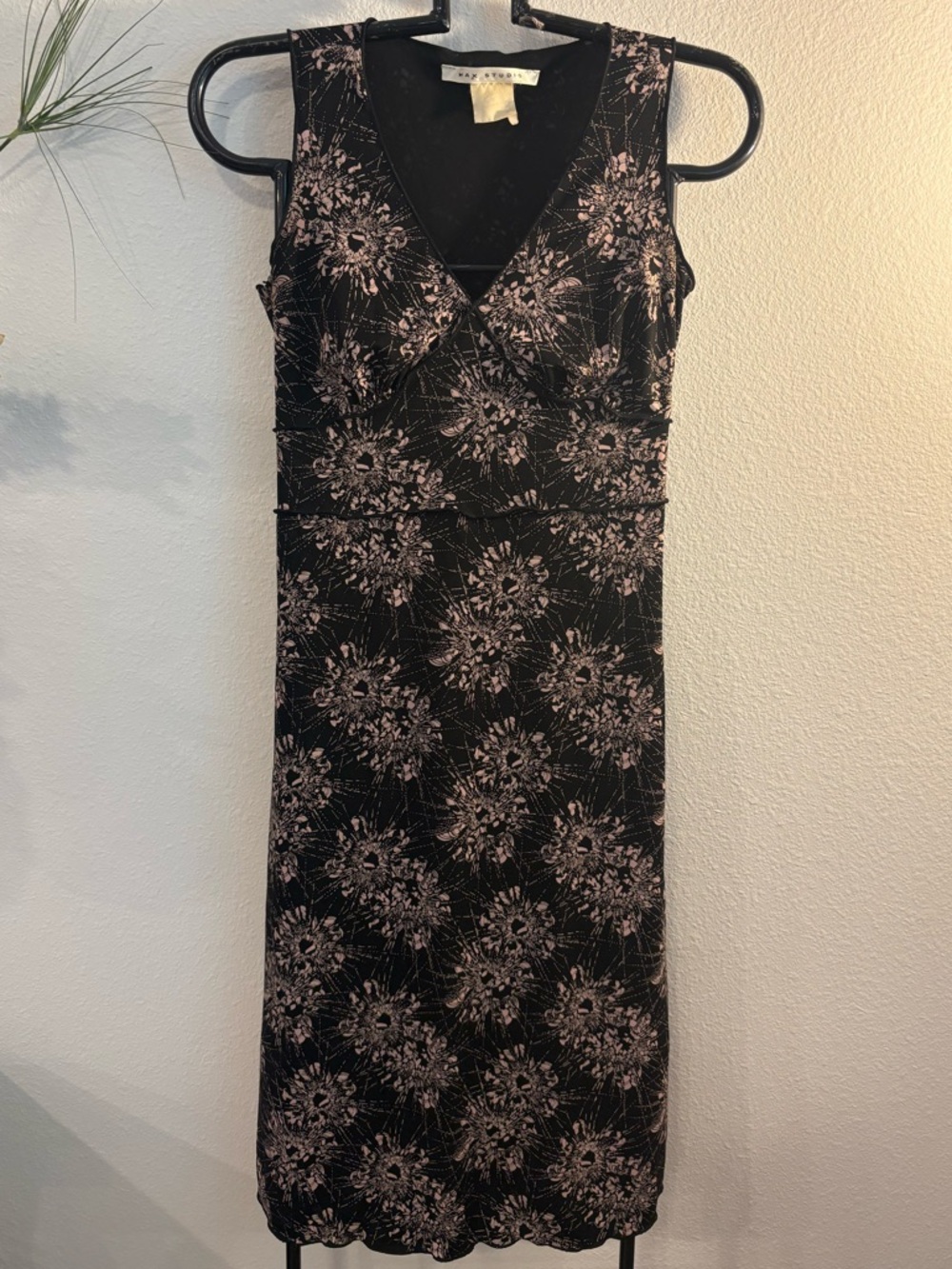 Max Studio Black Midi Dress with Pale Pink Floral Print